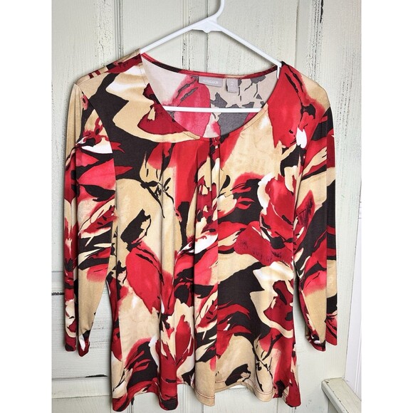 Chico's Red and Beige Abstract Floral Print 3/4 Sleeve Top sz 2 - Picture 1 of 6